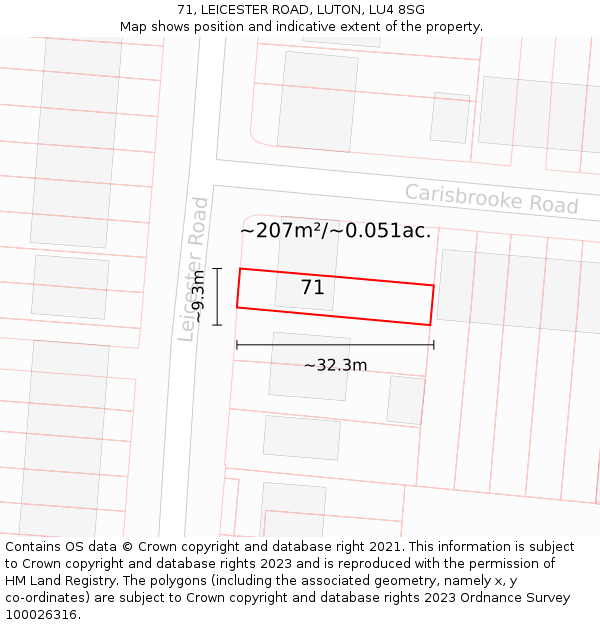 71, LEICESTER ROAD, LUTON, LU4 8SG: Plot and title map