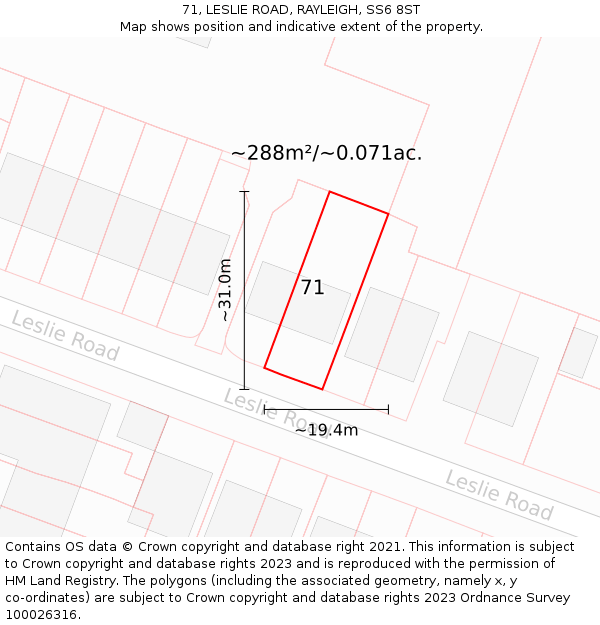 71, LESLIE ROAD, RAYLEIGH, SS6 8ST: Plot and title map