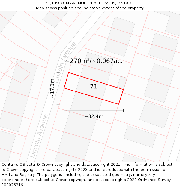 71, LINCOLN AVENUE, PEACEHAVEN, BN10 7JU: Plot and title map