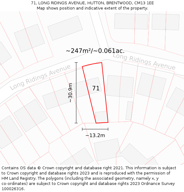 71, LONG RIDINGS AVENUE, HUTTON, BRENTWOOD, CM13 1EE: Plot and title map