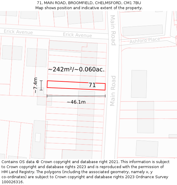 71, MAIN ROAD, BROOMFIELD, CHELMSFORD, CM1 7BU: Plot and title map