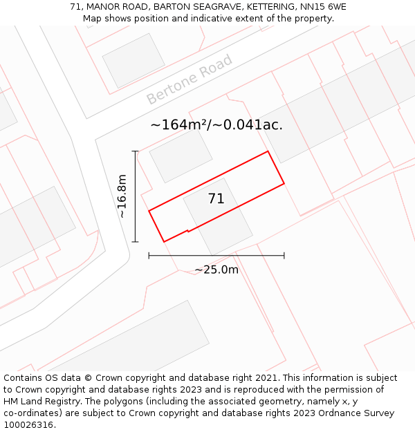 71, MANOR ROAD, BARTON SEAGRAVE, KETTERING, NN15 6WE: Plot and title map