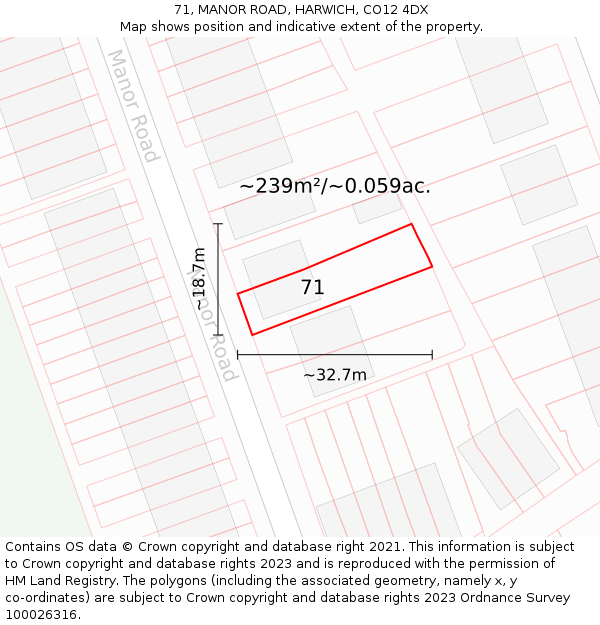 71, MANOR ROAD, HARWICH, CO12 4DX: Plot and title map