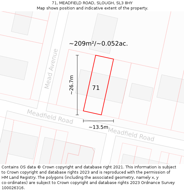 71, MEADFIELD ROAD, SLOUGH, SL3 8HY: Plot and title map