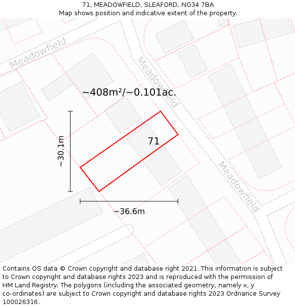 71, MEADOWFIELD, SLEAFORD, NG34 7BA: Plot and title map