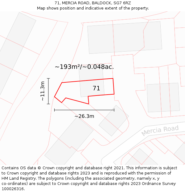 71, MERCIA ROAD, BALDOCK, SG7 6RZ: Plot and title map