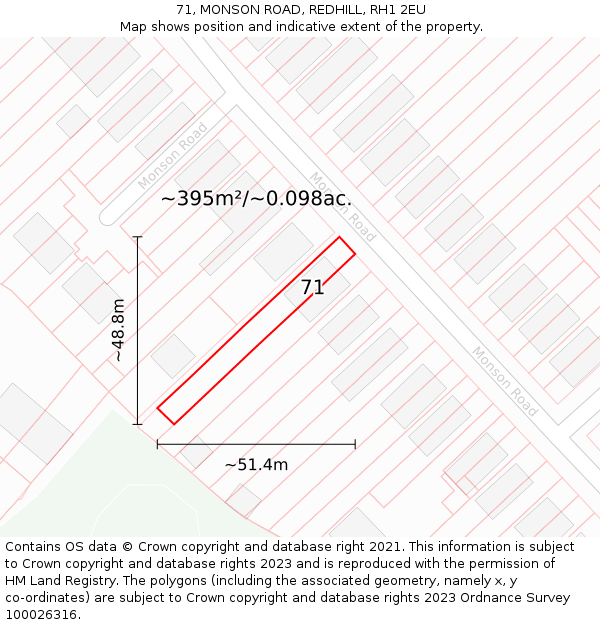 71, MONSON ROAD, REDHILL, RH1 2EU: Plot and title map