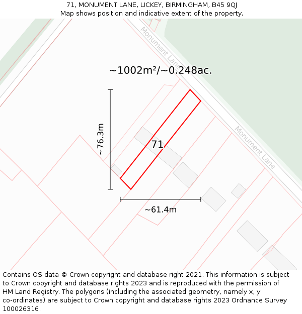 71, MONUMENT LANE, LICKEY, BIRMINGHAM, B45 9QJ: Plot and title map