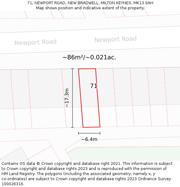 71, NEWPORT ROAD, NEW BRADWELL, MILTON KEYNES, MK13 0AH: Plot and title map