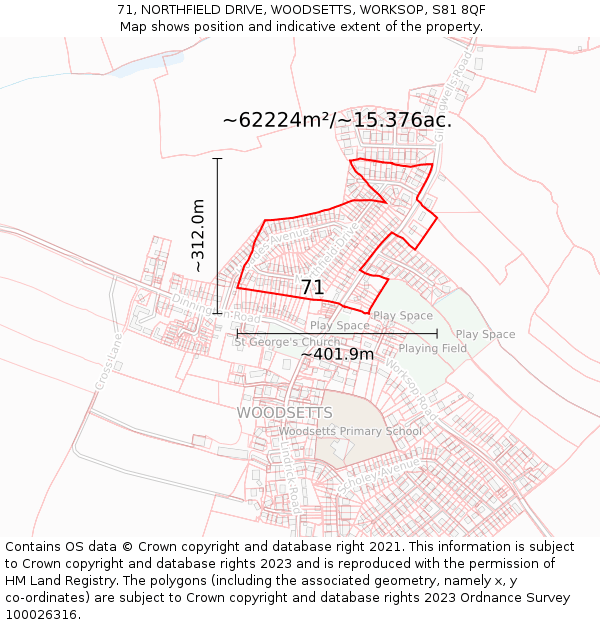 71, NORTHFIELD DRIVE, WOODSETTS, WORKSOP, S81 8QF: Plot and title map