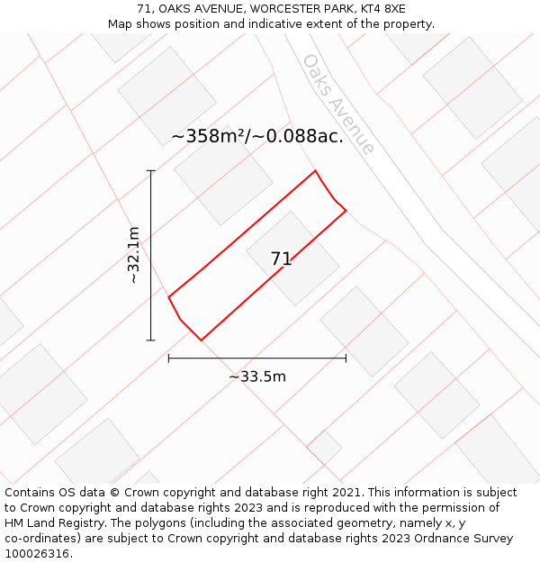 71, OAKS AVENUE, WORCESTER PARK, KT4 8XE: Plot and title map