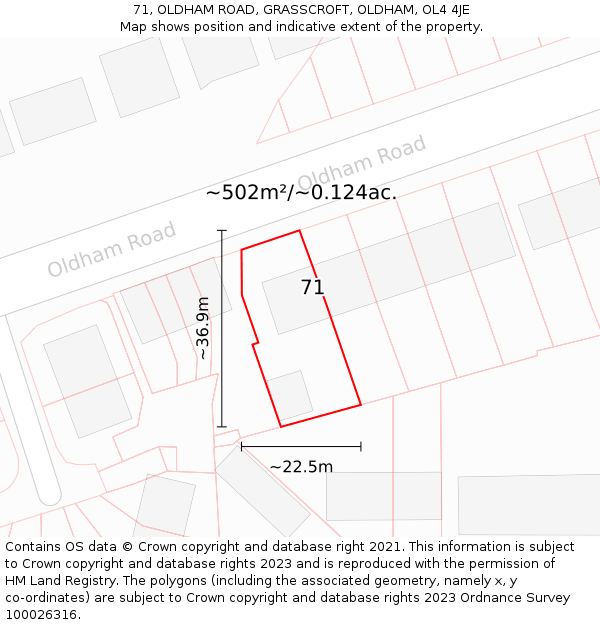 71, OLDHAM ROAD, GRASSCROFT, OLDHAM, OL4 4JE: Plot and title map