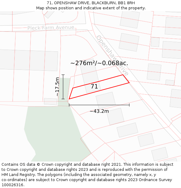 71, OPENSHAW DRIVE, BLACKBURN, BB1 8RH: Plot and title map