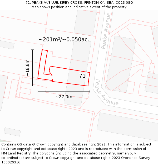 71, PEAKE AVENUE, KIRBY CROSS, FRINTON-ON-SEA, CO13 0SQ: Plot and title map