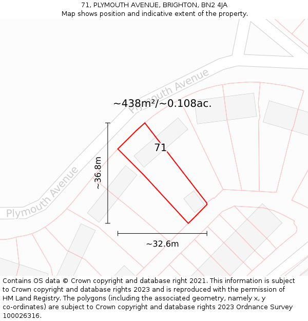 71, PLYMOUTH AVENUE, BRIGHTON, BN2 4JA: Plot and title map