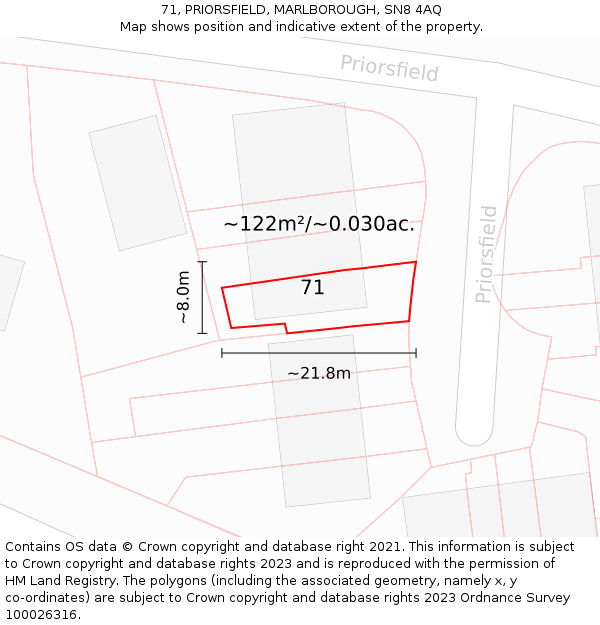 71, PRIORSFIELD, MARLBOROUGH, SN8 4AQ: Plot and title map