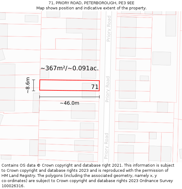 71, PRIORY ROAD, PETERBOROUGH, PE3 9EE: Plot and title map