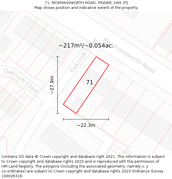 71, RICKMANSWORTH ROAD, PINNER, HA5 3TJ: Plot and title map