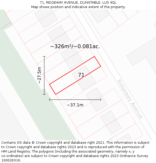 71, RIDGEWAY AVENUE, DUNSTABLE, LU5 4QL: Plot and title map