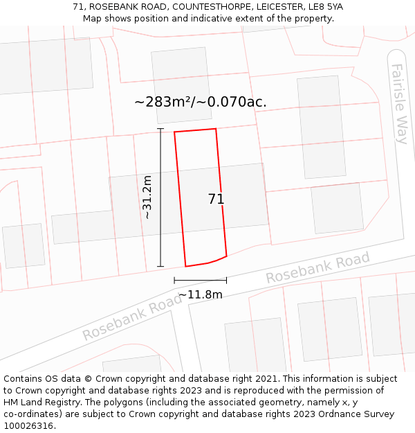 71, ROSEBANK ROAD, COUNTESTHORPE, LEICESTER, LE8 5YA: Plot and title map