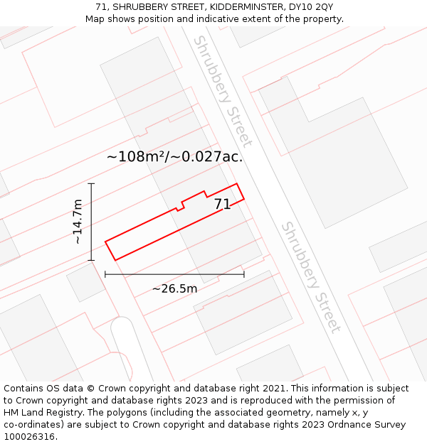 71, SHRUBBERY STREET, KIDDERMINSTER, DY10 2QY: Plot and title map