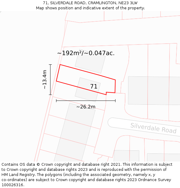 71, SILVERDALE ROAD, CRAMLINGTON, NE23 3LW: Plot and title map