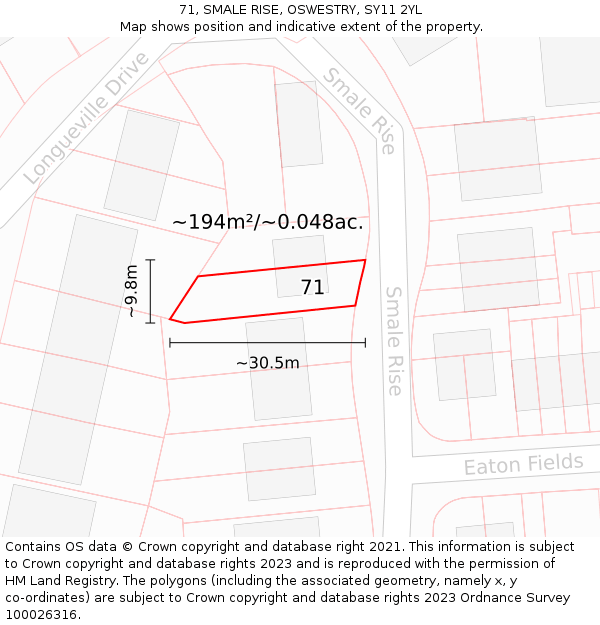 71, SMALE RISE, OSWESTRY, SY11 2YL: Plot and title map