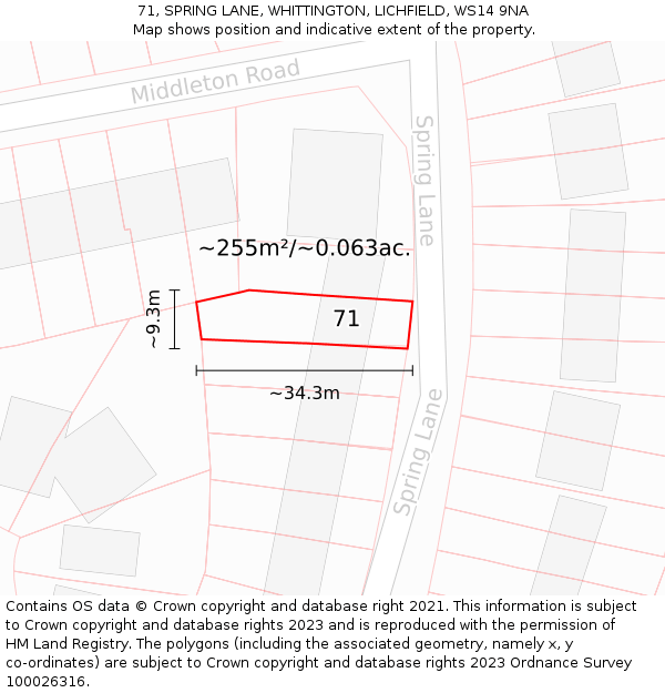 71, SPRING LANE, WHITTINGTON, LICHFIELD, WS14 9NA: Plot and title map