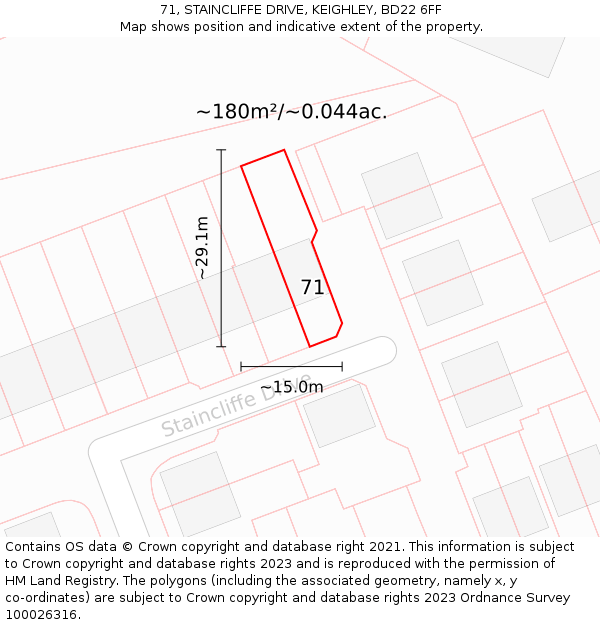 71, STAINCLIFFE DRIVE, KEIGHLEY, BD22 6FF: Plot and title map