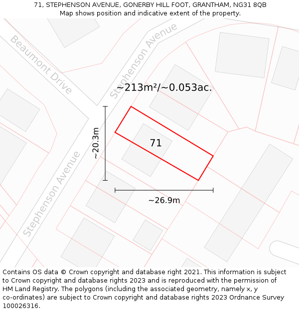 71, STEPHENSON AVENUE, GONERBY HILL FOOT, GRANTHAM, NG31 8QB: Plot and title map