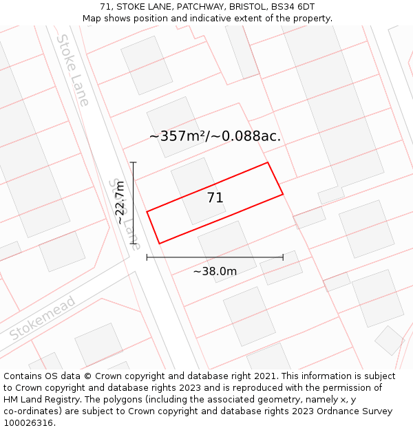 71, STOKE LANE, PATCHWAY, BRISTOL, BS34 6DT: Plot and title map