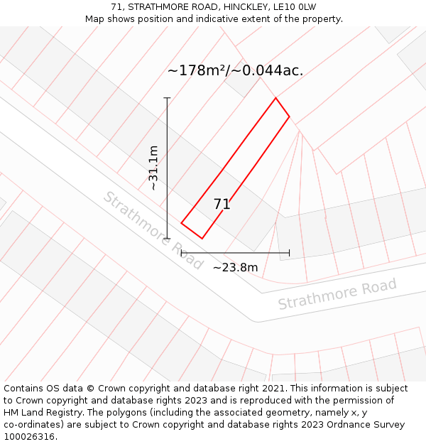 71, STRATHMORE ROAD, HINCKLEY, LE10 0LW: Plot and title map