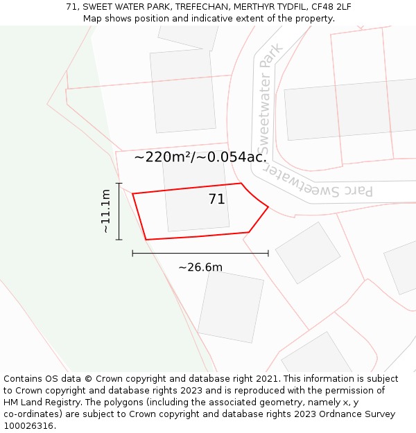 71, SWEET WATER PARK, TREFECHAN, MERTHYR TYDFIL, CF48 2LF: Plot and title map