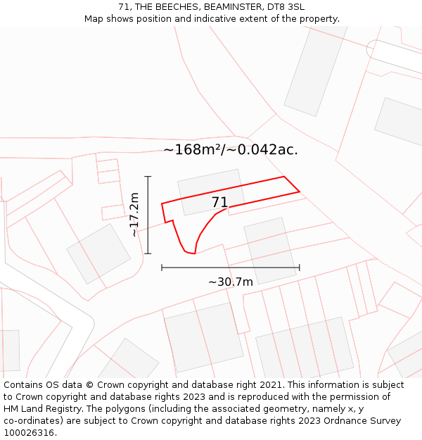 71, THE BEECHES, BEAMINSTER, DT8 3SL: Plot and title map