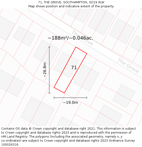 71, THE GROVE, SOUTHAMPTON, SO19 9LW: Plot and title map