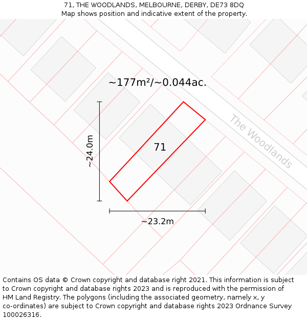 71, THE WOODLANDS, MELBOURNE, DERBY, DE73 8DQ: Plot and title map