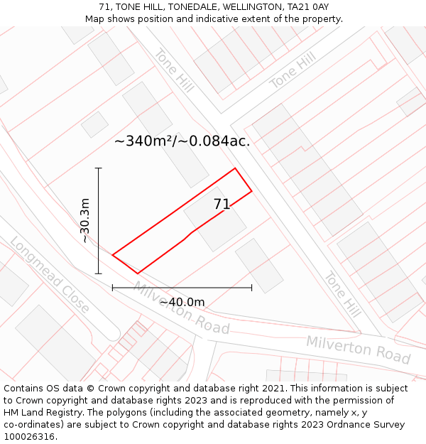 71, TONE HILL, TONEDALE, WELLINGTON, TA21 0AY: Plot and title map