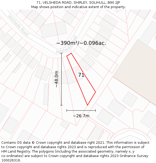 71, VELSHEDA ROAD, SHIRLEY, SOLIHULL, B90 2JP: Plot and title map