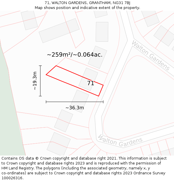 71, WALTON GARDENS, GRANTHAM, NG31 7BJ: Plot and title map