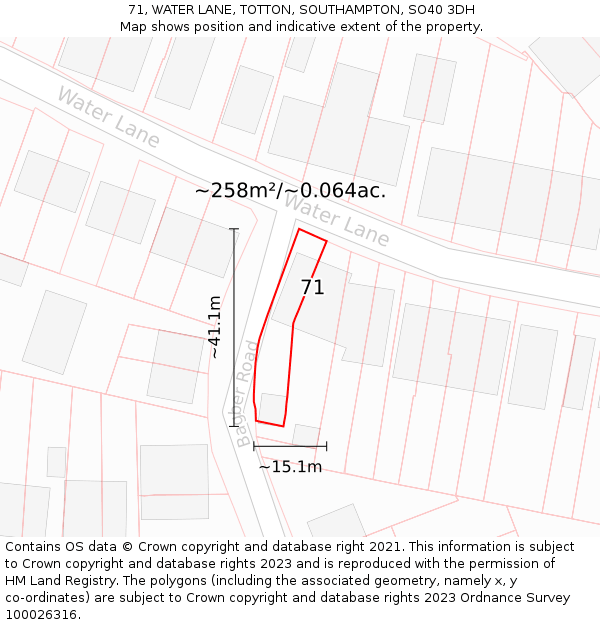 71, WATER LANE, TOTTON, SOUTHAMPTON, SO40 3DH: Plot and title map