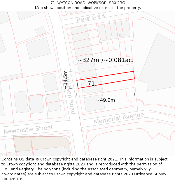 71, WATSON ROAD, WORKSOP, S80 2BG: Plot and title map