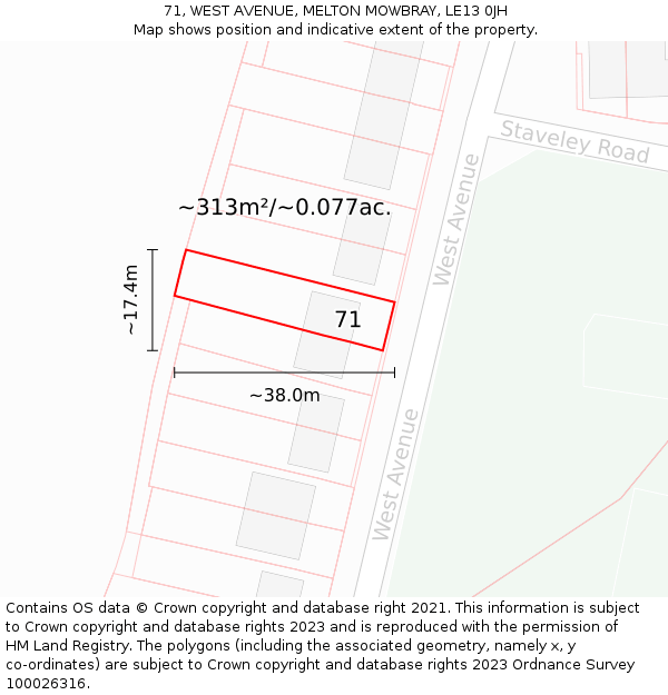 71, WEST AVENUE, MELTON MOWBRAY, LE13 0JH: Plot and title map
