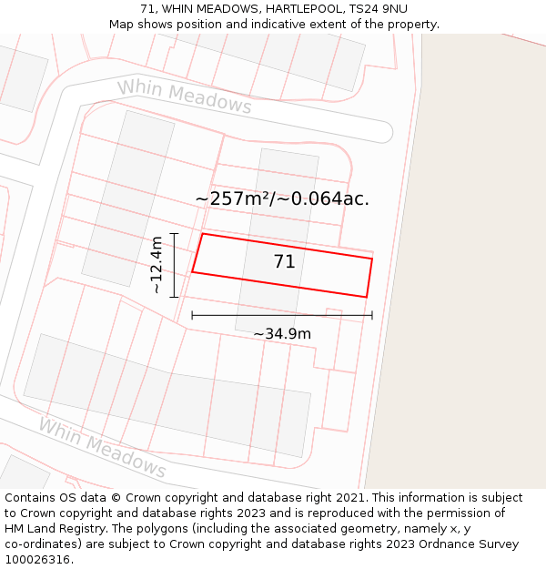 71, WHIN MEADOWS, HARTLEPOOL, TS24 9NU: Plot and title map