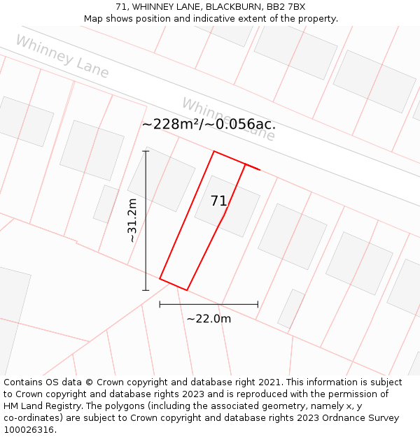 71, WHINNEY LANE, BLACKBURN, BB2 7BX: Plot and title map