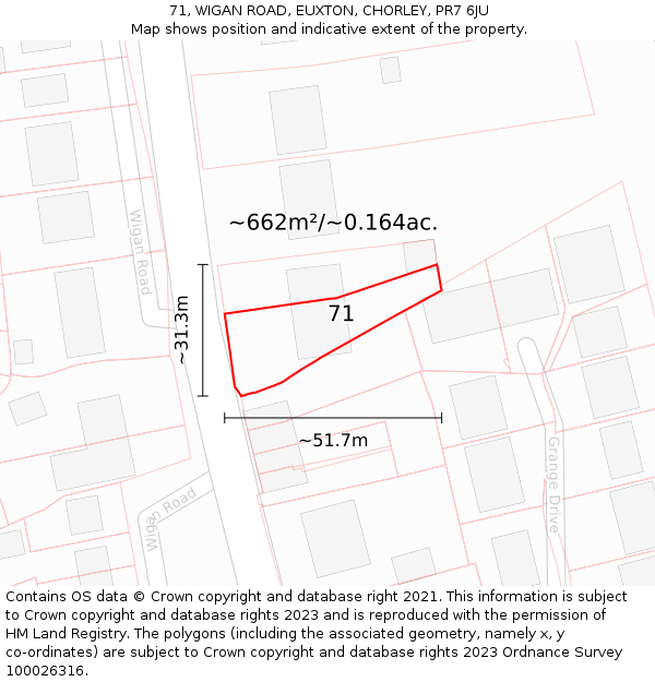 71, WIGAN ROAD, EUXTON, CHORLEY, PR7 6JU: Plot and title map