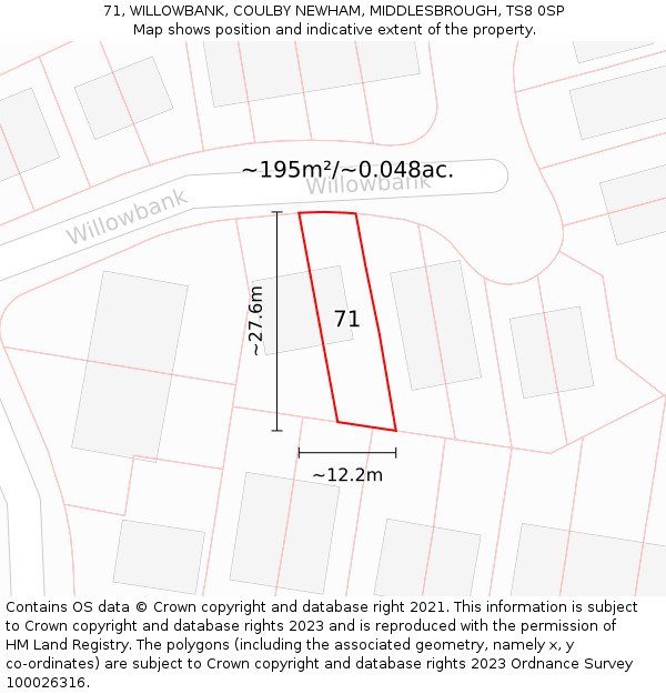 71, WILLOWBANK, COULBY NEWHAM, MIDDLESBROUGH, TS8 0SP: Plot and title map