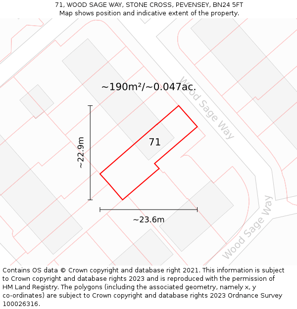 71, WOOD SAGE WAY, STONE CROSS, PEVENSEY, BN24 5FT: Plot and title map