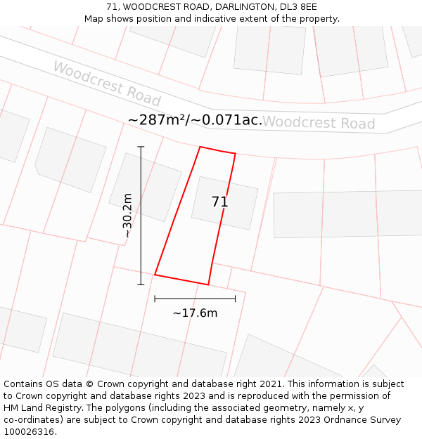 71, WOODCREST ROAD, DARLINGTON, DL3 8EE: Plot and title map