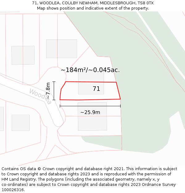 71, WOODLEA, COULBY NEWHAM, MIDDLESBROUGH, TS8 0TX: Plot and title map