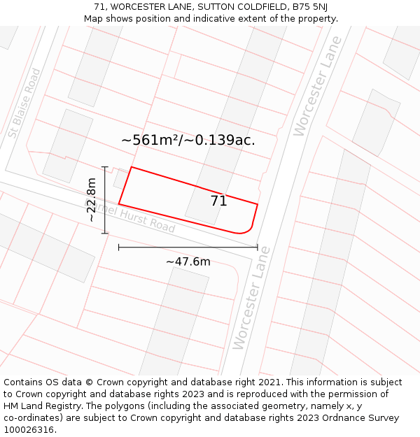 71, WORCESTER LANE, SUTTON COLDFIELD, B75 5NJ: Plot and title map